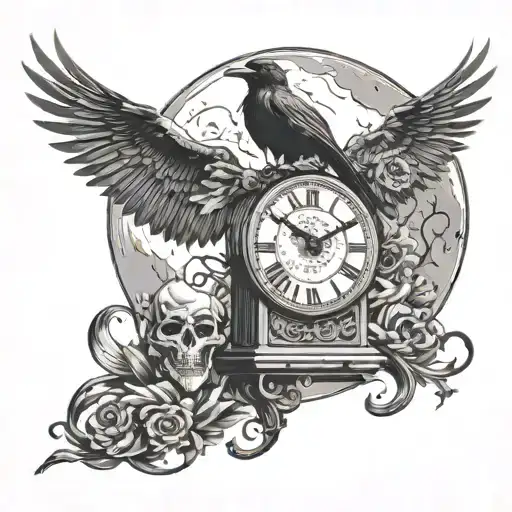wooden tower clock with crow sitting on top. skulls on the floor leaning on the clock. bright white moon. tattoo design idea