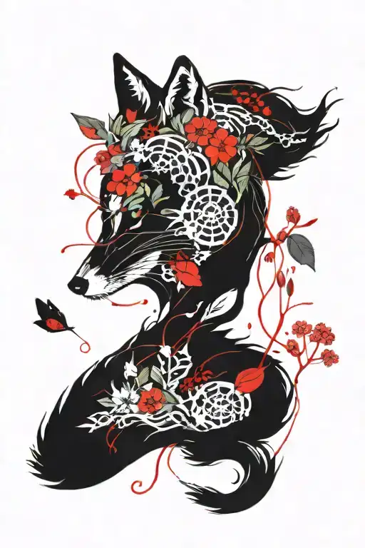 a fox with part of its skeleton visible wrapped in a red thread under the moon and sakura petals tattoo design idea