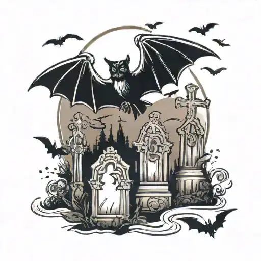 graveyard with bats flying tattoo design idea