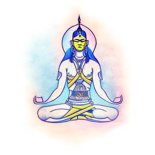 A new-school tattoo of a female warrior meditating to represent the power of the present tattoo design idea