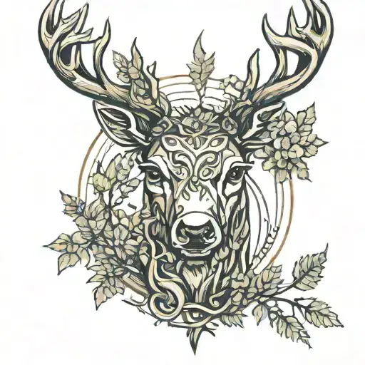 deer head happy with trees looking through lens morphing tattoo design idea