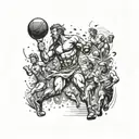 An intense sports party scene with a god-like figure leading the celebration tattoo design idea