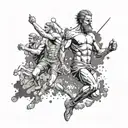 An intense sports party scene with a god-like figure leading the celebration tattoo design idea