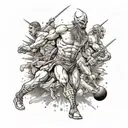 An intense sports party scene with a god-like figure leading the celebration tattoo design idea