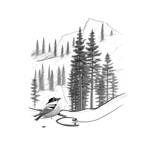 A minimalist sketch of a hiking trail winding through a forest landscape, with an american robin resting on a tree branch tattoo design idea
