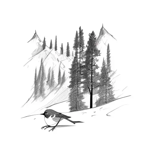A minimalist sketch of a hiking trail winding through a forest landscape, with an american robin resting on a tree branch tattoo design idea