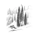 A minimalist sketch of a hiking trail winding through a forest landscape, with an american robin resting on a tree branch tattoo design idea