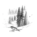A minimalist sketch of a hiking trail winding through a forest landscape, with an american robin resting on a tree branch tattoo design idea