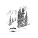 A minimalist sketch of a hiking trail winding through a forest landscape, with an american robin resting on a tree branch tattoo design idea