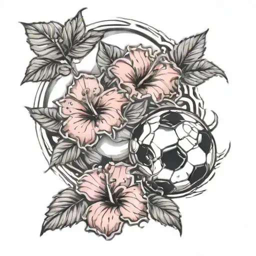 hibiscus flowers with a soccer ball surrounded tattoo design idea