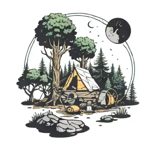 A new-school interpretation of a mystical forest scene with camping gear and a subtle Metatron's Cube hidden within the trees tattoo design idea