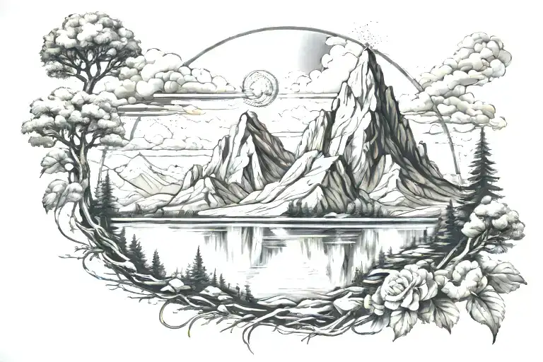 A detailed and realistic tattoo of a majestic mountain landscape with a hidden Metatron's Cube incorporated into the scenery tattoo design idea