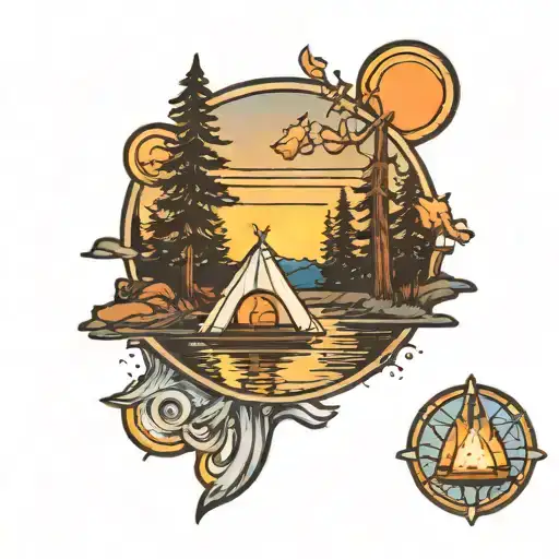 A traditional style tattoo of a serene lakeside campsite with a glowing Metatron's Cube hovering above the water tattoo design idea