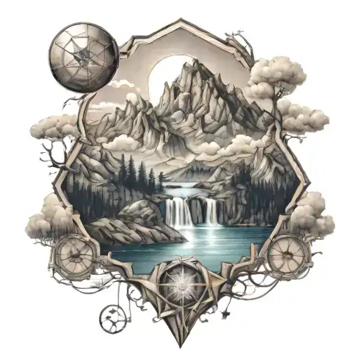 A detailed and realistic tattoo of a majestic mountain landscape with a hidden Metatron's Cube incorporated into the scenery tattoo design idea