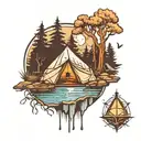 A traditional style tattoo of a serene lakeside campsite with a glowing Metatron's Cube hovering above the water tattoo design idea