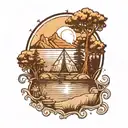 A traditional style tattoo of a serene lakeside campsite with a glowing Metatron's Cube hovering above the water tattoo design idea