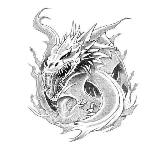 Create a tattoo featuring a fierce dragon surrounded by your favorite anime characters. tattoo design idea
