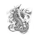 Create a tattoo featuring a fierce dragon surrounded by your favorite anime characters. tattoo design idea