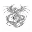 Create a tattoo featuring a fierce dragon surrounded by your favorite anime characters. tattoo design idea