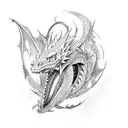 Create a tattoo featuring a fierce dragon surrounded by your favorite anime characters. tattoo design idea