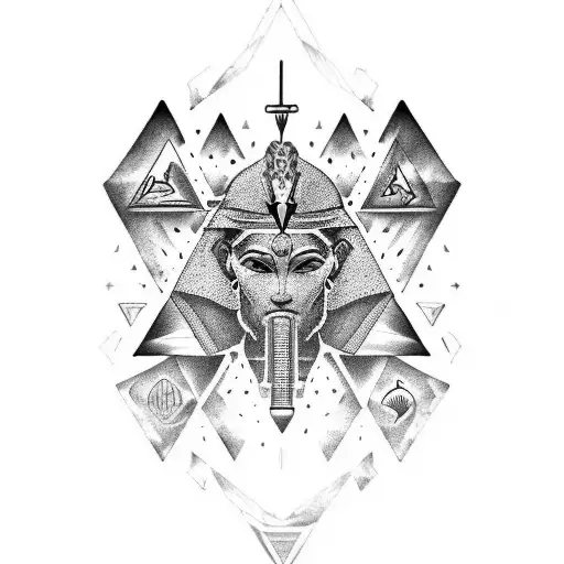long sleeve tatoo: pharaon face within pyramids and Poseidon trident in ocean at the bottom tattoo design idea