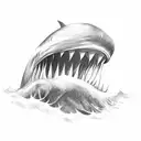 A megalodon shark jaw with the slogan 'Deep Sea' incorporated in a sketch style tattoo design idea