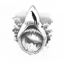 A megalodon shark jaw with the slogan 'Deep Sea' incorporated in a sketch style tattoo design idea