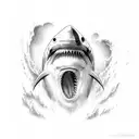 A megalodon shark jaw with the slogan 'Deep Sea' incorporated in a sketch style tattoo design idea