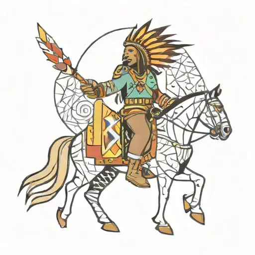 A new-school interpretation of a Comanche chief riding a horse through the desert, with vibrant colors and abstract geometric shapes representing the spirit of the tribe tattoo design idea