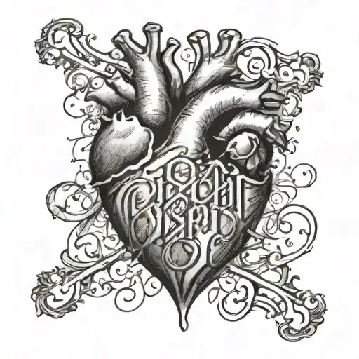 A tattoo design of a broken heart with despair written in elegant script, representing the struggles of love and heartbreak, in a blackwork style tattoo design idea