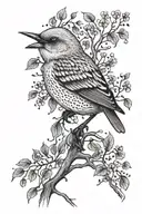 Small curious bird perched on thin branches that expand like mold tattoo design idea