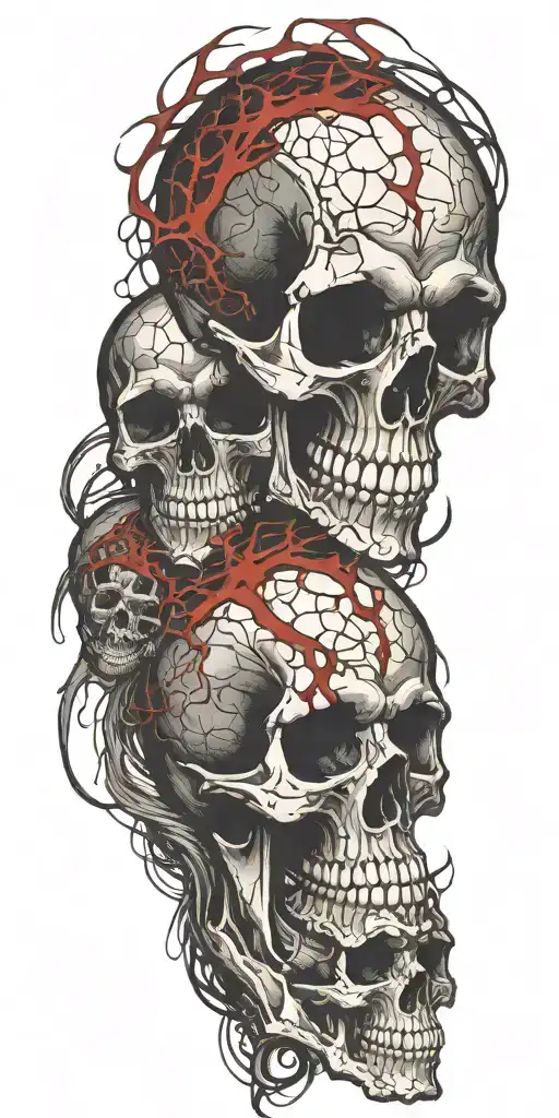 2 black skulls one upper arm and one lower arm with red cracks and random thick lines surrounding them  tattoo design idea