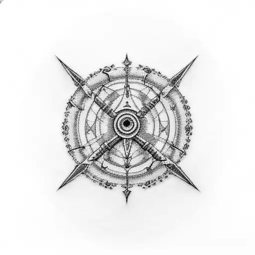 A dotwork tattoo of the iconic 'Berserk' symbol merged with musical elements, like guitar strings and drumsticks tattoo design idea