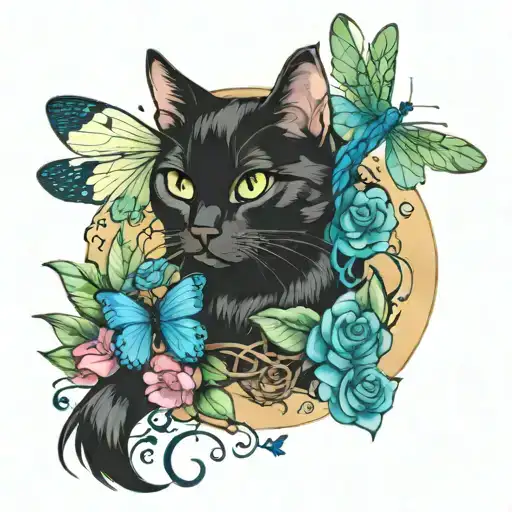 The name Jade with blue dragonflies, the suicide prevention ribbon, and a cat tattoo design idea