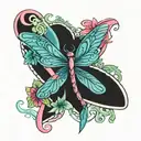 suicide prevention ribbon, pink heart, blue dragonflies and the name Jade tattoo design idea