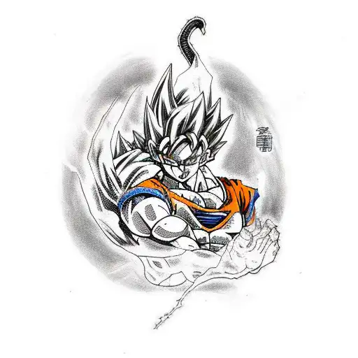 A fusion of a dragon ball z character with traditional Japanese elements tattoo design idea