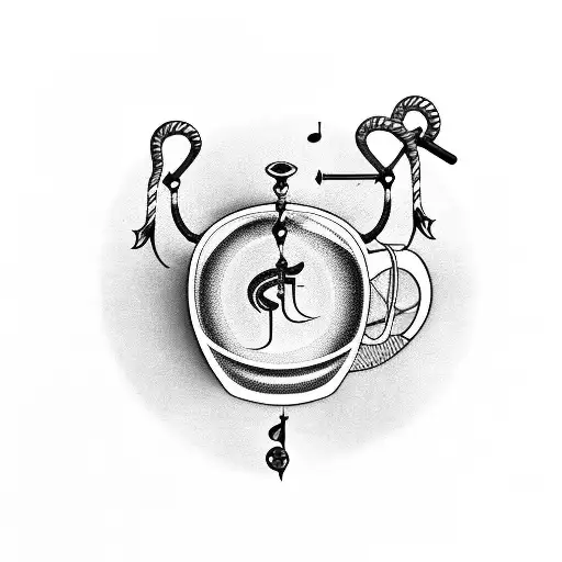 A coffee cup with fishing hooks as handles and musical symbols as steam tattoo design idea