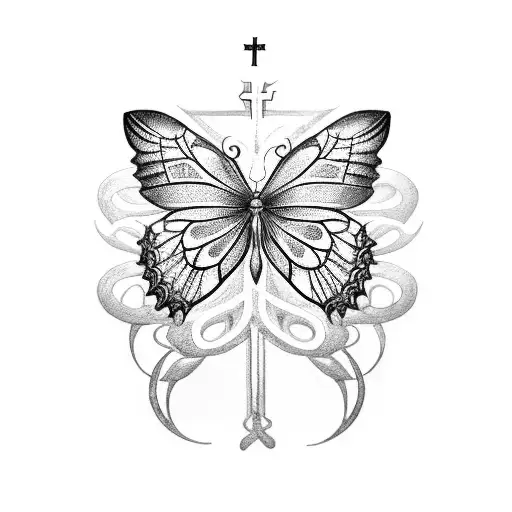 A blackwork tattoo of a delicate butterfly resting on a Christian cross, symbolizing the transformation of pain into faith and hope, with the quote 'the storm won't last forever' tattoo design idea