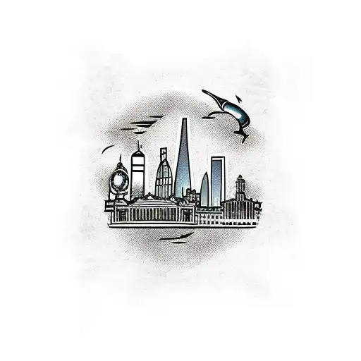 A traditional style tattoo of a London cityscape with Taylor Swift's lyrics incorporated in a decorative banner tattoo design idea