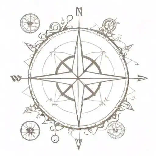 A minimalist tattoo of a compass rose surrounded by various symbols of different hobbies and interests, reflecting the client's diverse passions tattoo design idea
