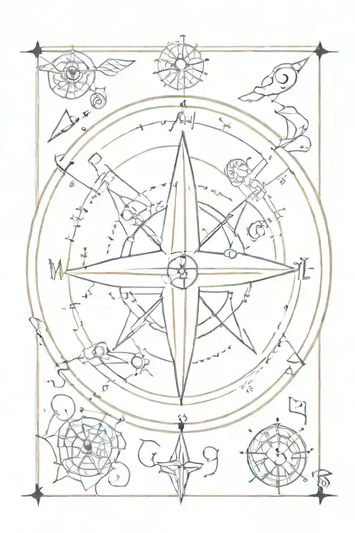 A minimalist tattoo of a compass rose surrounded by various symbols of different hobbies and interests, reflecting the client's diverse passions tattoo design idea