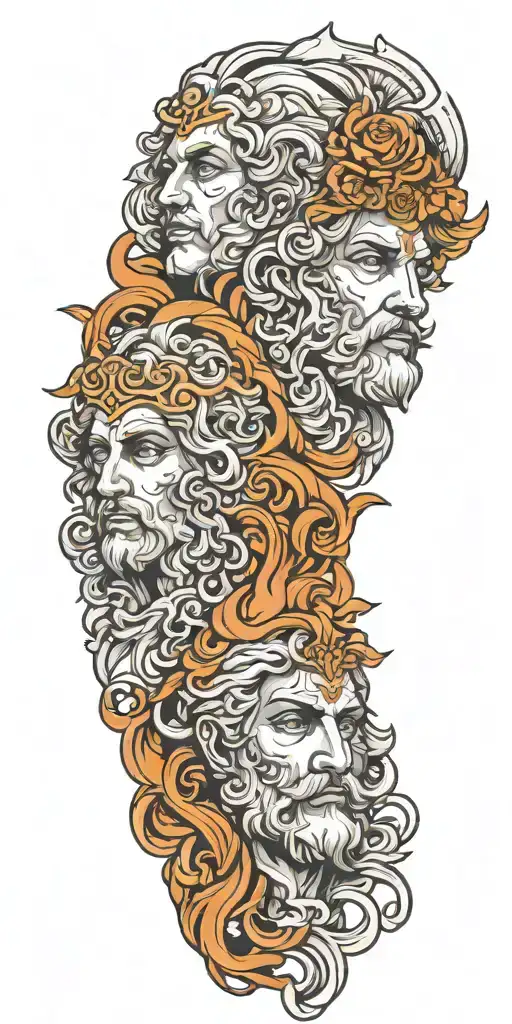 roman greek gods faces being melded together tattoo design idea