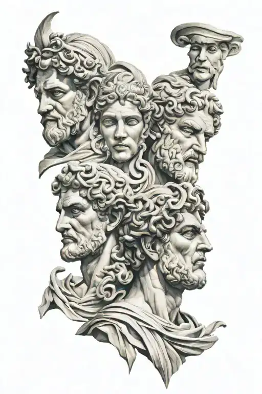 greek gods faces merged together tattoo design idea