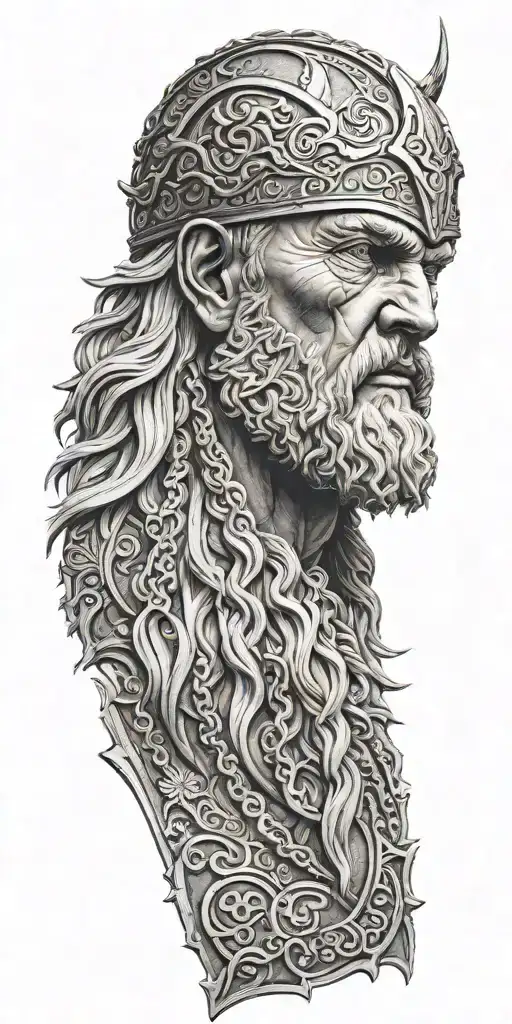 sculpture style tattoo Tyr Odin Thor Frigg Máni Sól tattoo design idea