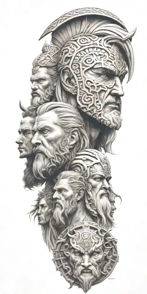 sculpture Tyr, Odin Thor, Frigg, Máni, Sól faces merged together tattoo design idea