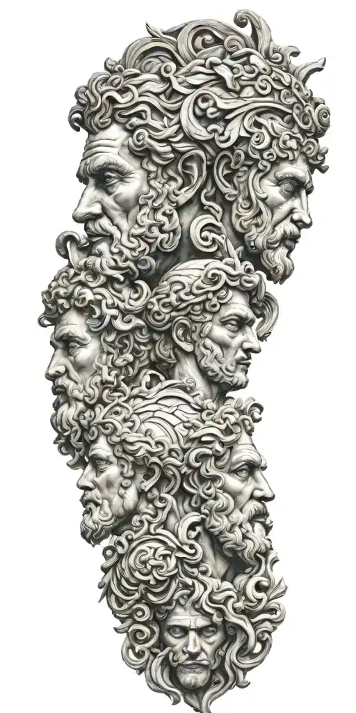 greek gods sculpture faces merged together tattoo design idea