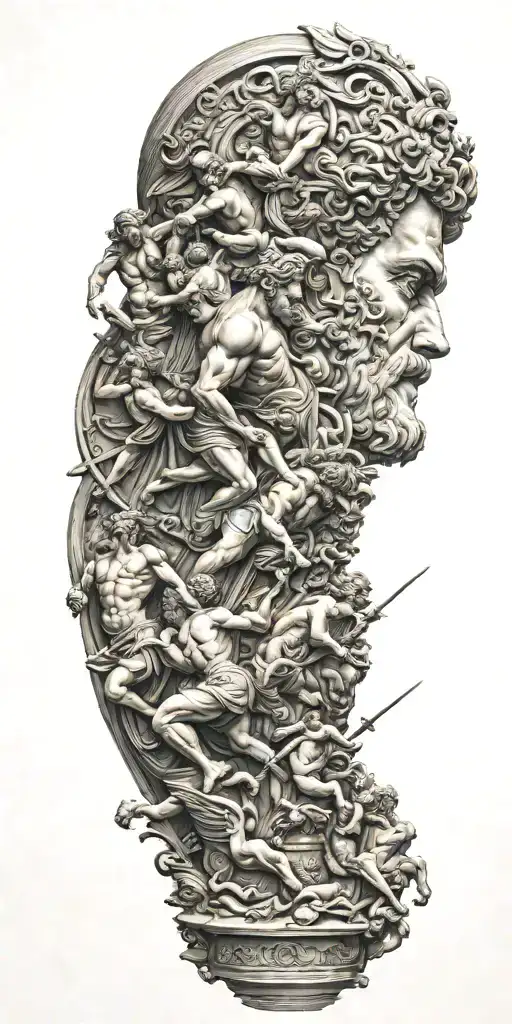 greek gods battle sculpture blending seamlessly tattoo design idea
