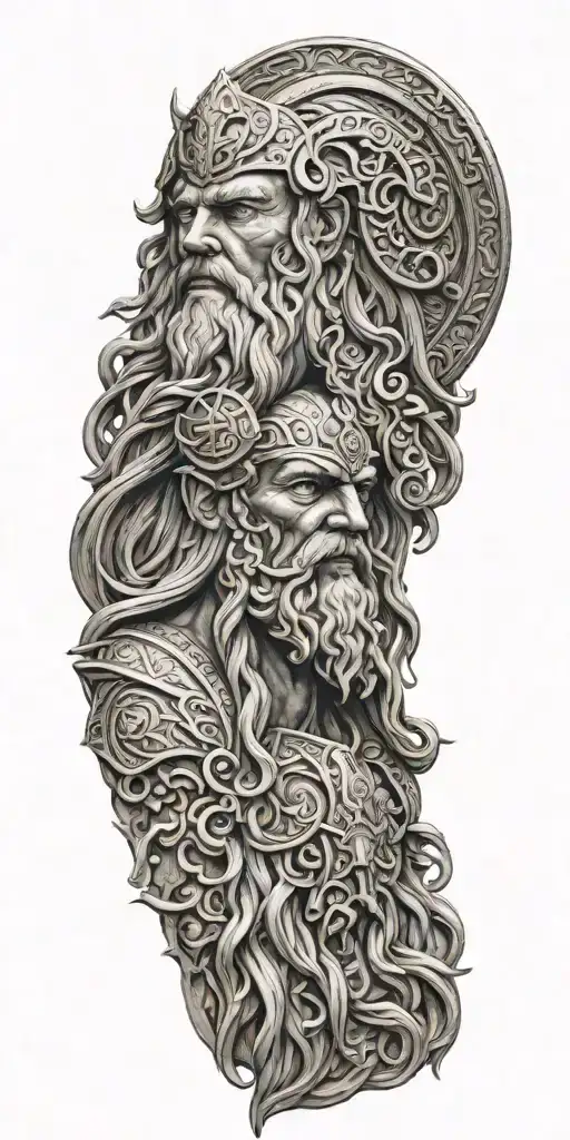 sculpture style merged Tyr Odin Thor Frigg Máni Sól tattoo design idea