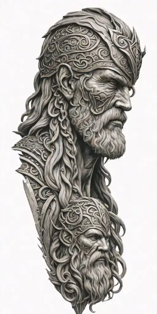 sculpture style tattoo Tyr, Odin Thor, Frigg, Máni, Sól tattoo design idea
