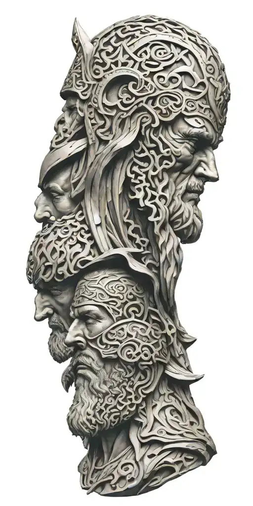 sculpture Tyr, Odin Thor, Frigg, Máni, Sól faces merged together tattoo design idea